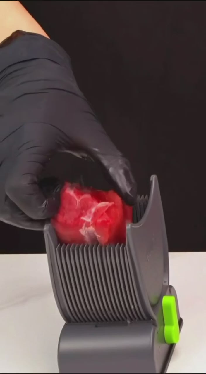 Load video: Why You'll Love It• No electricity required — quiet, reliable, and fully manual Strong vacuum base — locks firmly to your countertop for stable, hands-free use• Multiple cutting modes for slices, strips, diced, and minced meat• Up to 17 even pieces in one motion — saves time and effort• Compact design — fits easily in any kitchen• Easy to clean — dishwasher safe• Very sharp blades for clean, precise cuts